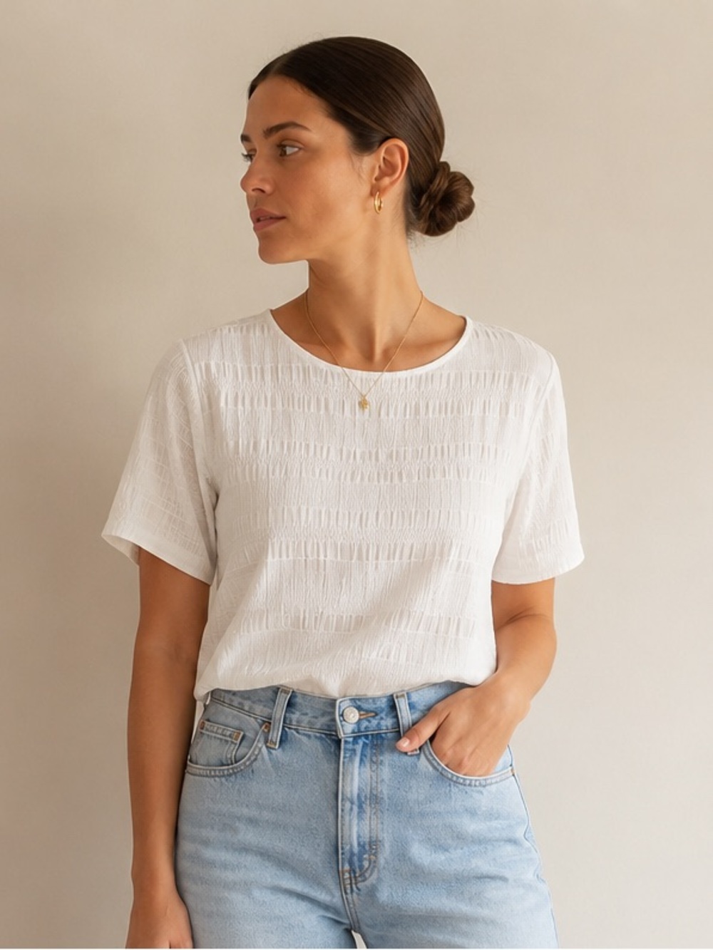 Vintage Textured White Top Rex LTD | Minimalist Clean Girl Style | Size M